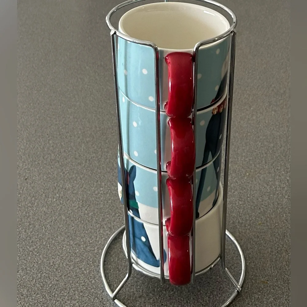 NWT Pier 1 set of 4 stacking Christmas puppy dog design mugs with holder. - Picture 3 of 6